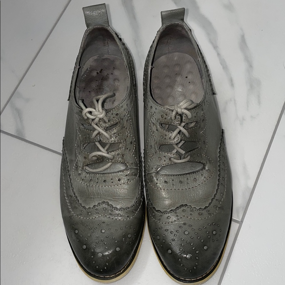 Leather Gray Brogue Oxford Shoes Lace up Formal Dress Shoe Size 37.5